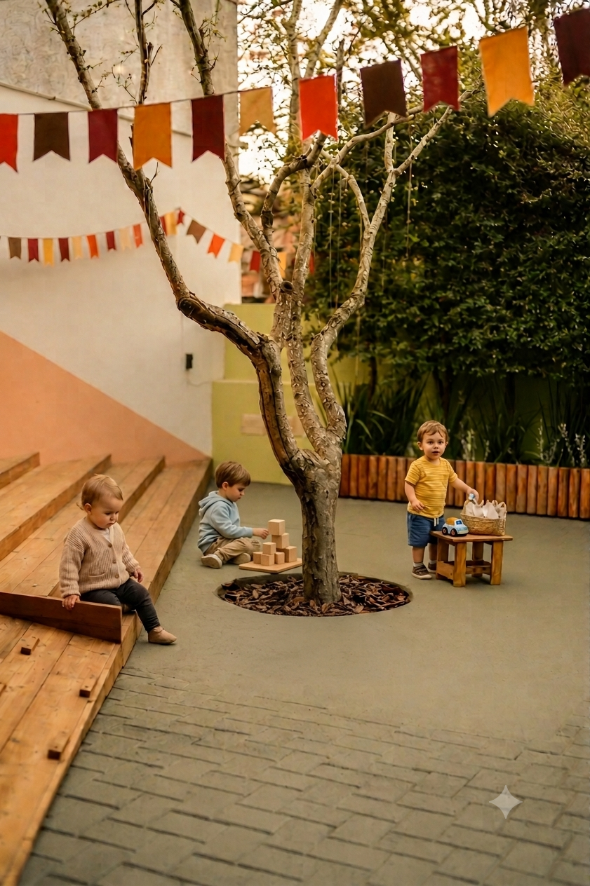 Patio educativo con árbol central, gradas de madera, banderines y vegetación integrada