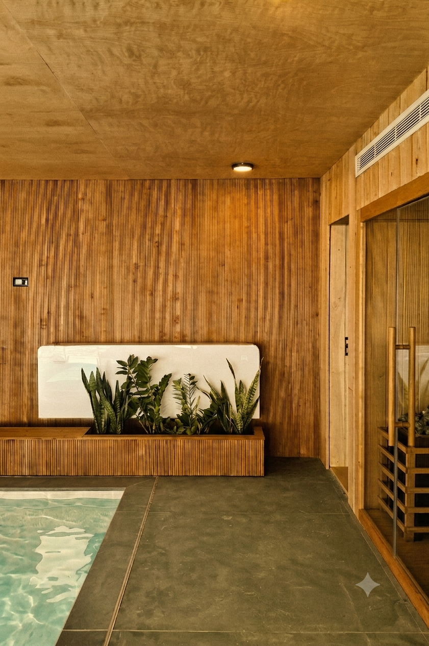 Interior cálido revestido en madera con plantas integradas y atmósfera natural